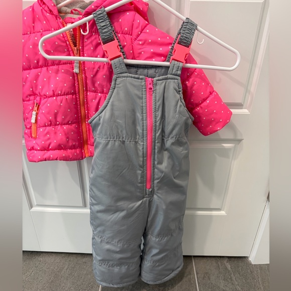 USED 24mo girls puffy snowsuit, Carter’s, pink/gray winter jacket & overalls - Picture 7 of 16